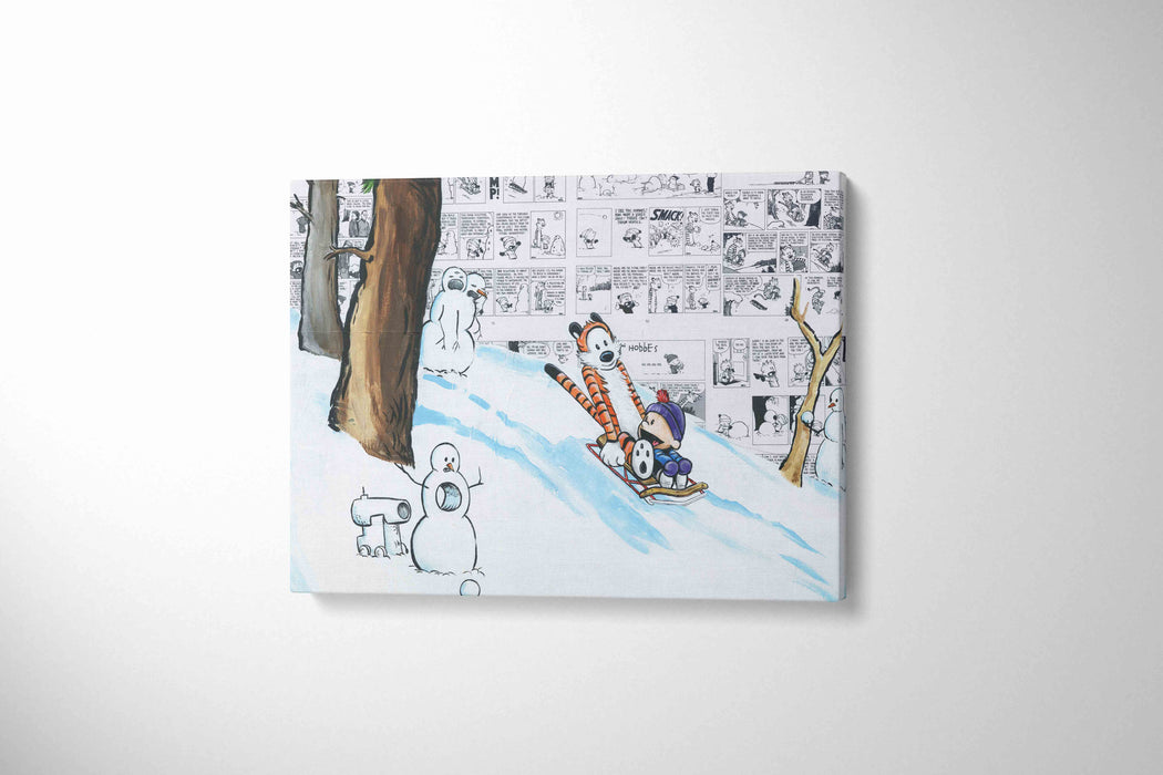 Canvas Print of a Boy and his Tiger Sledding