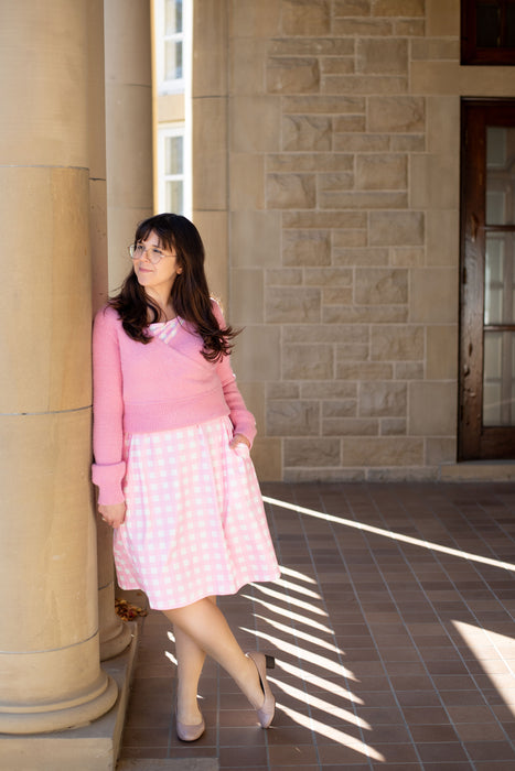Pink Gingham Tie Wrap Dress with Pockets