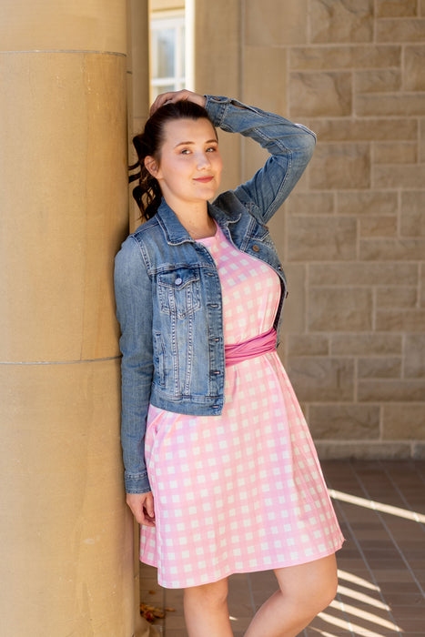 Pink Gingham Tie Wrap Dress with Pockets