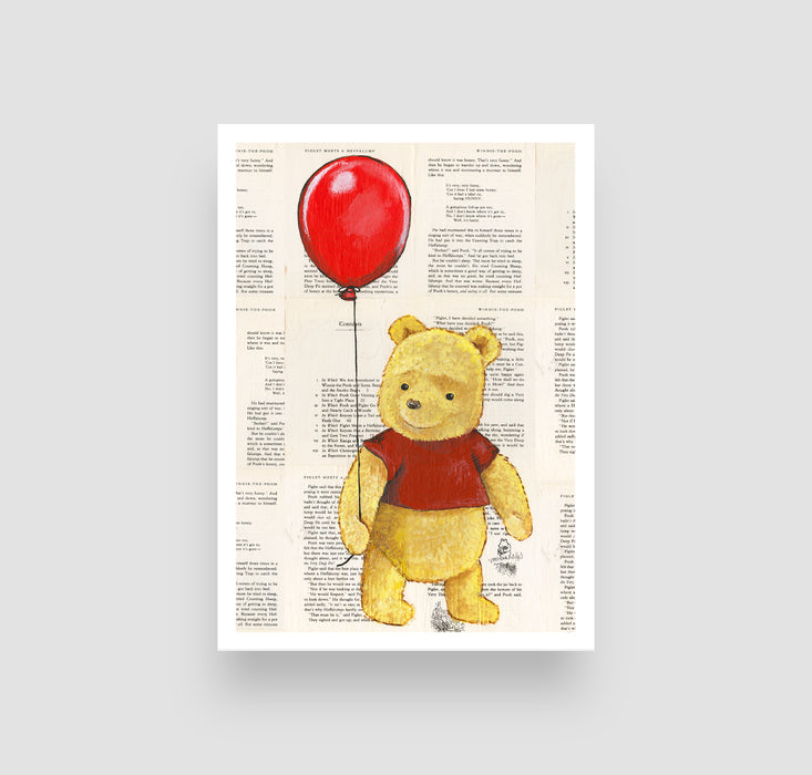 5" x 7" Paper Print of Pooh Red Balloon